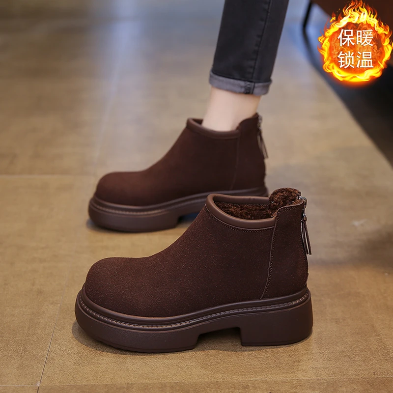 真皮美拉德短靴女款2024年冬季新款百搭简约小个子粗跟加绒瘦瘦靴