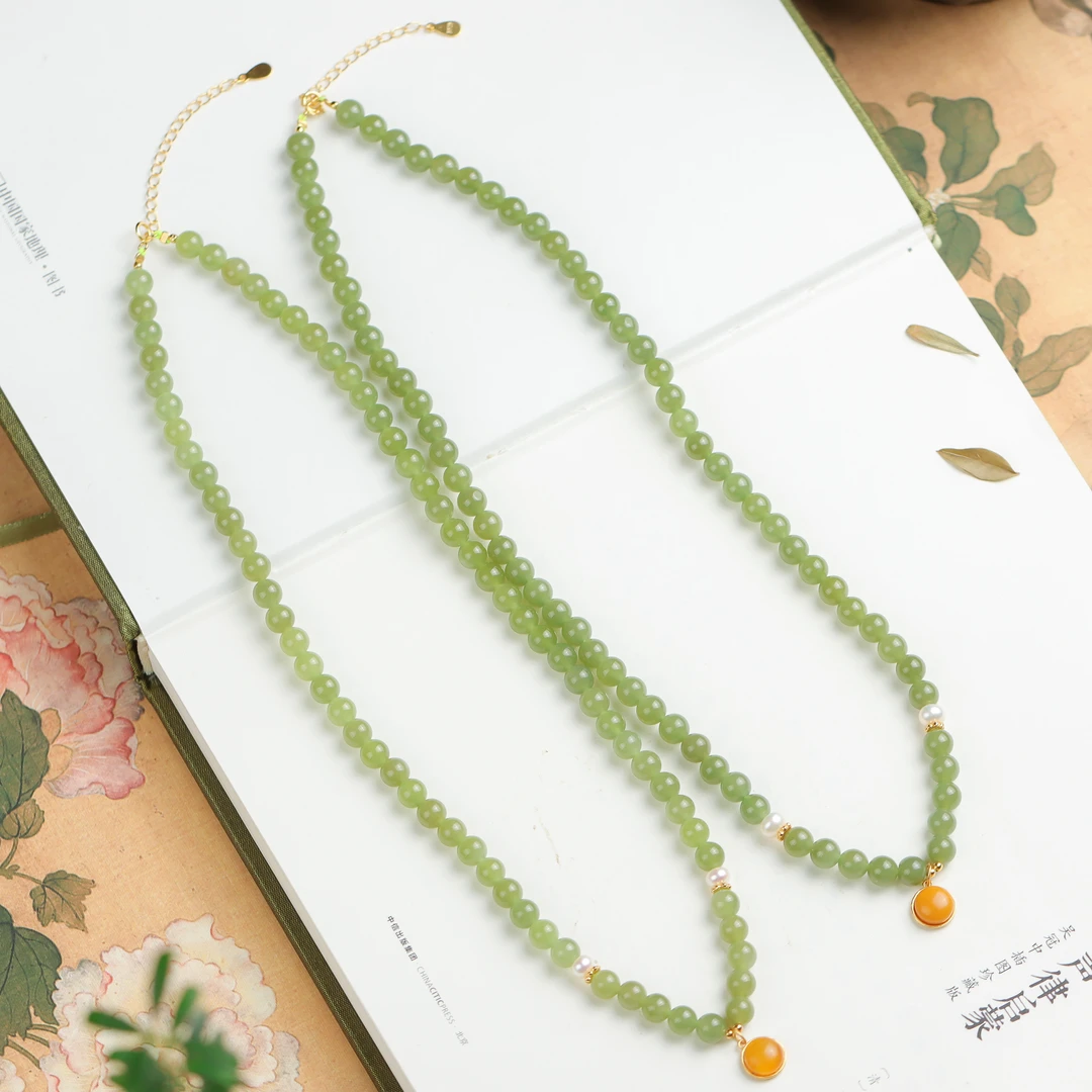 和田玉青玉圆珠手工DIY送礼女款毛衣链颈饰（多样性发 发其一）