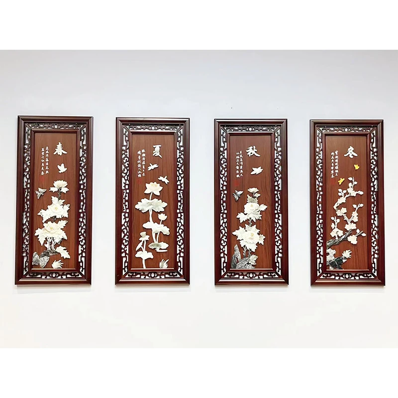 玉雕画 四联屏 春夏秋冬 松木实木边框