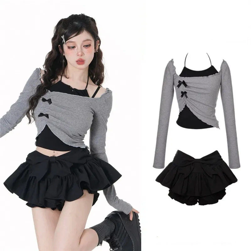 灰色露肩长袖不规则吊带秋季新款蝴蝶结裤裙假两件辣妹上衣套装