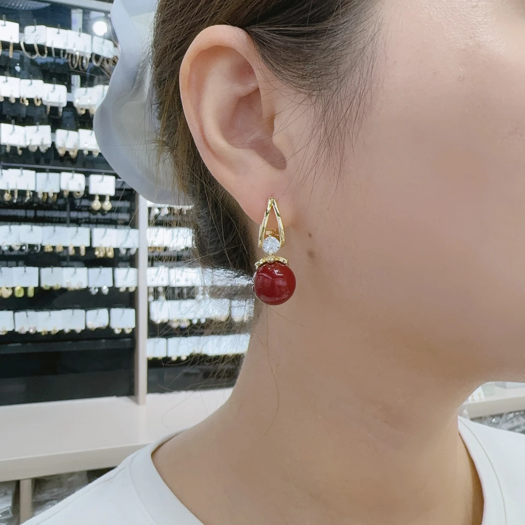 铜合金耳饰 精致气质锆石红色珠珠耳环小众简约设计感百搭耳饰314
