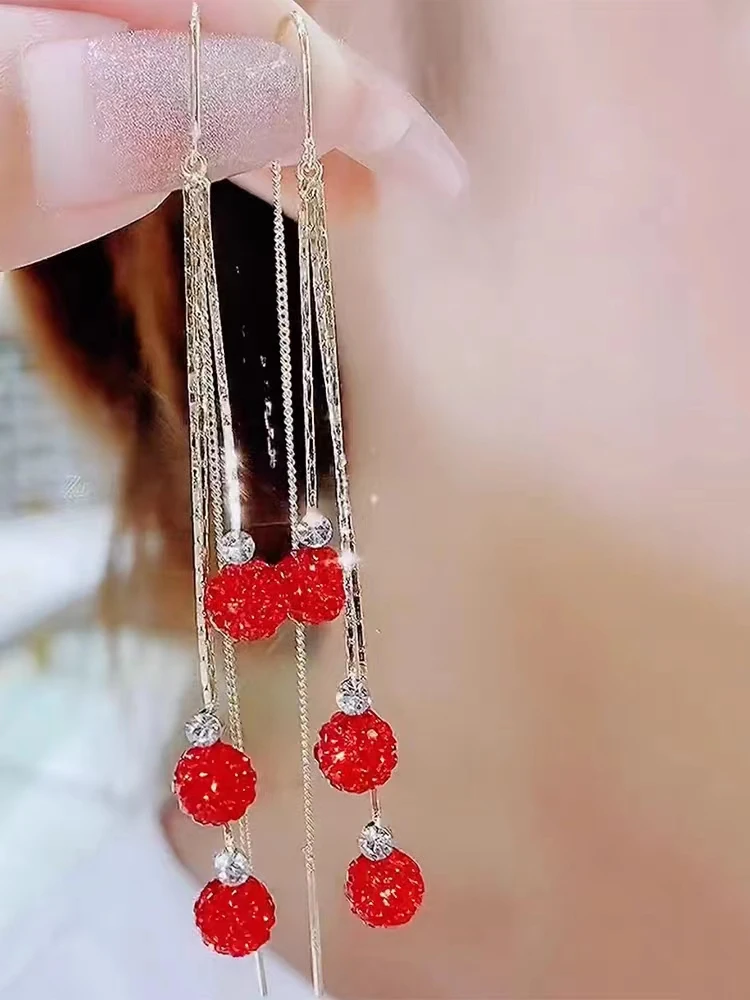 舒啸 铜合金仿水晶耳饰 气质时尚精致优雅红色长款珠珠耳线974号