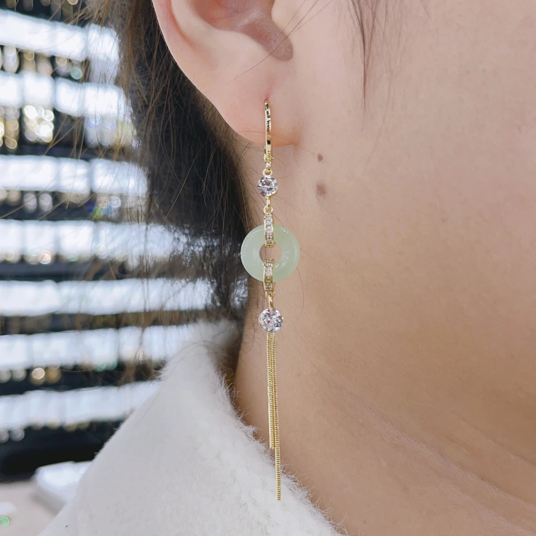 舒啸 铜合金耳饰 新中式国风绿色平安扣流苏耳线气质时尚大气999