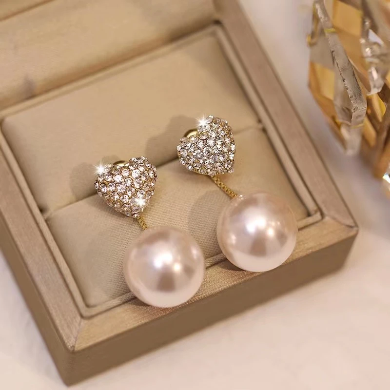 铜合金仿珍珠耳饰 爱心流苏耳环轻奢气质百搭设计感层次耳饰时尚