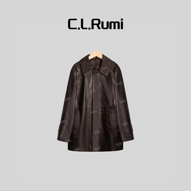 【Rumi女装】 “琎口皮衣”轻奢百搭复古翻领真皮中长款皮衣6172wt