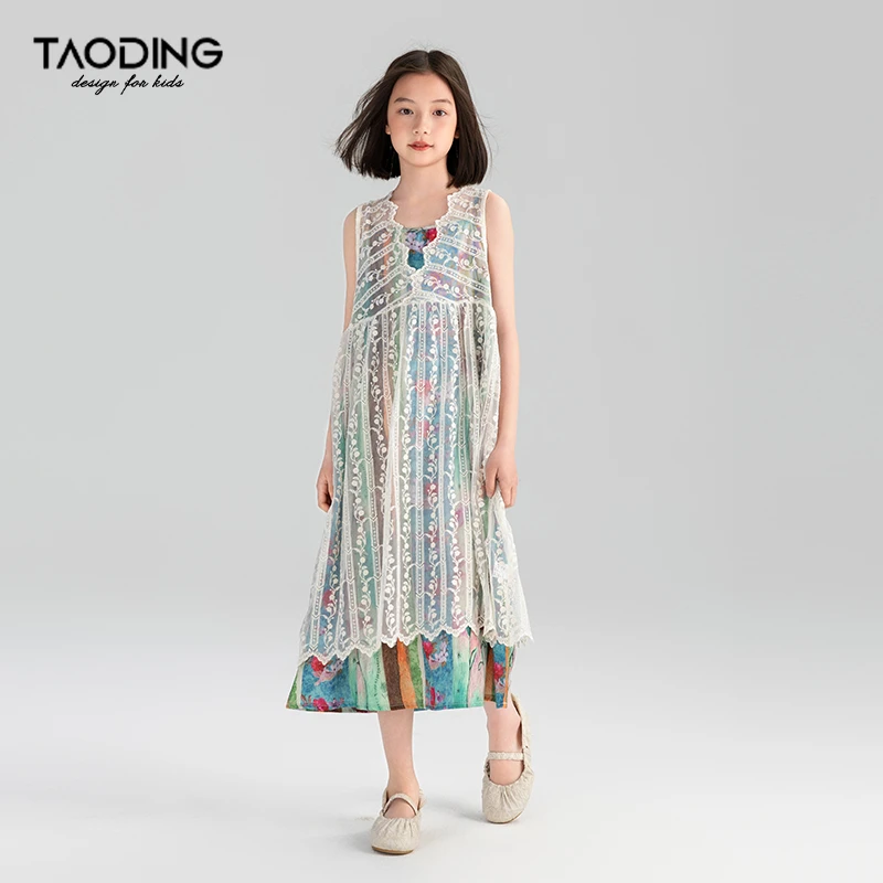 淘町女童套装夏蕾丝刺绣无袖复古田园风印花连衣裙蕾丝罩衫两件套