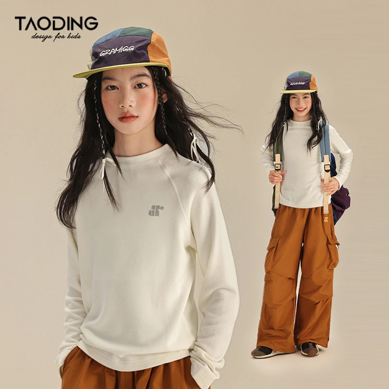 女童长袖T恤保暖秋冬新款中大童简约纯色蓄热抗菌运动打底衫