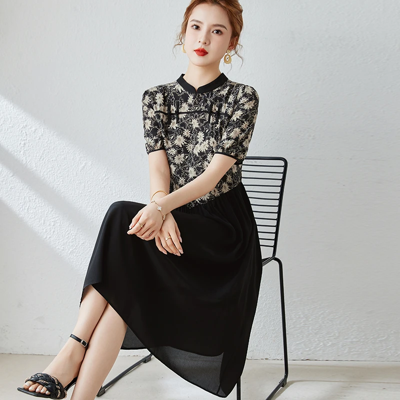 S8852恩纳斯拼接连衣裙夏季新款中式改良印花旗袍桑蚕丝
