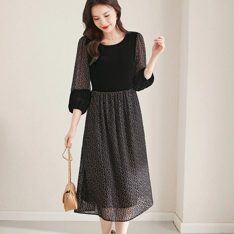 R6138拼接丝绒连衣裙秋季新款复古轻奢遮肚大码真丝桑蚕丝裙子女