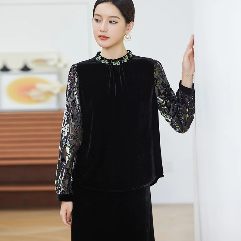 R9567大牌桑蚕丝上衣女装气质刺绣长袖真丝丝绒衬衫