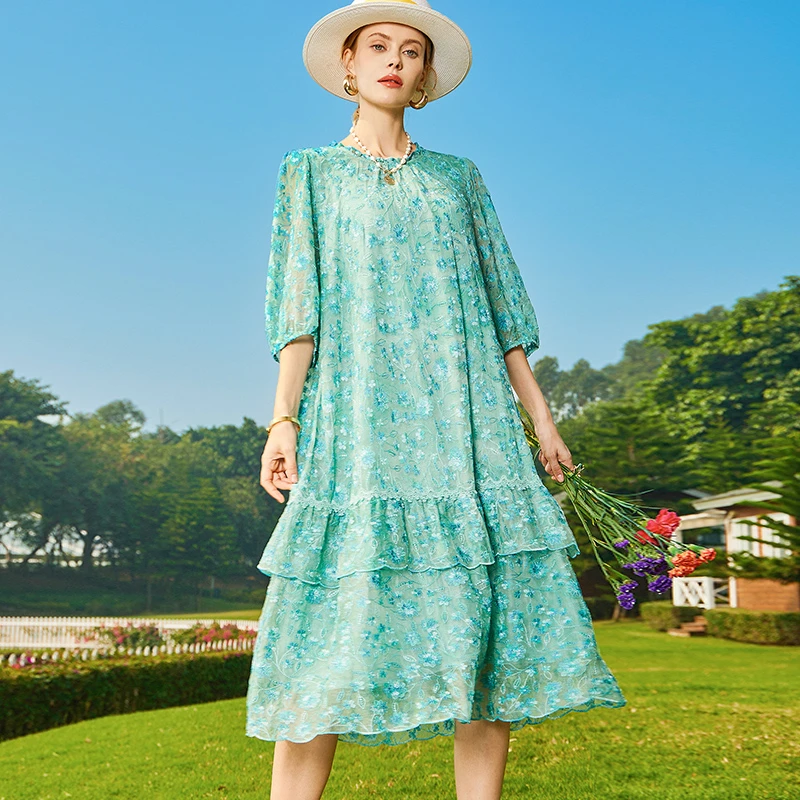 E6525恩纳斯大牌真丝绣花裙子女显瘦气质桑蚕丝连衣裙