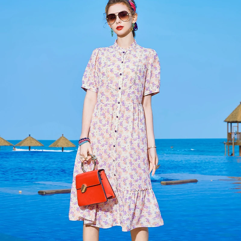 Q8807恩纳斯清新碎花夏季新款百搭真丝桑蚕丝a字裙