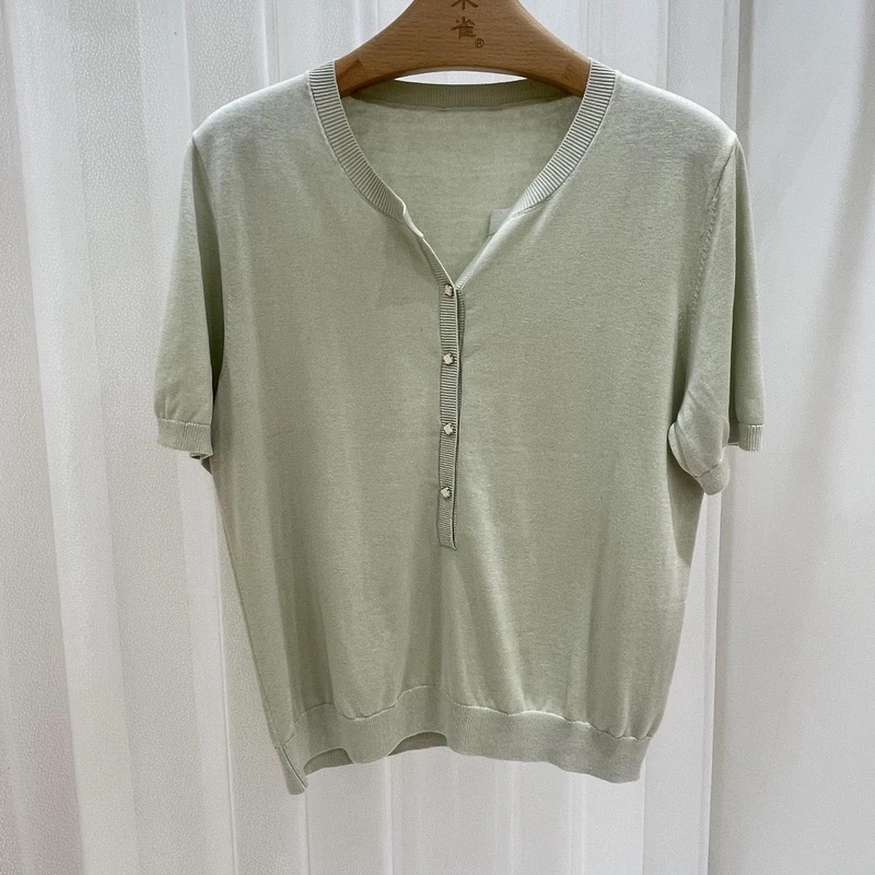 Z863休闲百搭通勤洋气空调衫女2025秋季新款短袖真丝桑蚕丝上衣