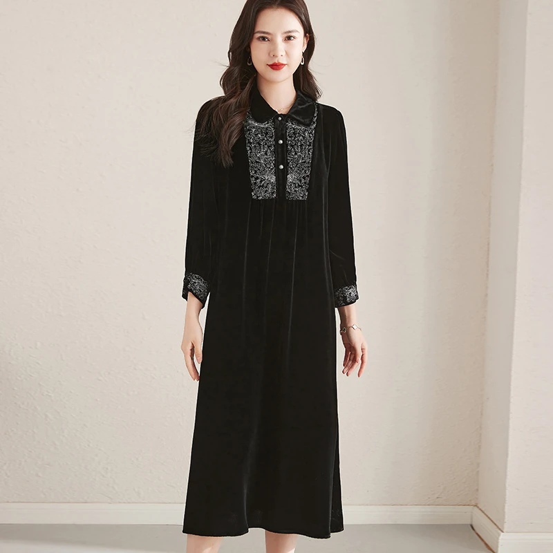 R5802高级真丝丝绒连衣裙2025新款大码显瘦长袖桑蚕丝裙子女