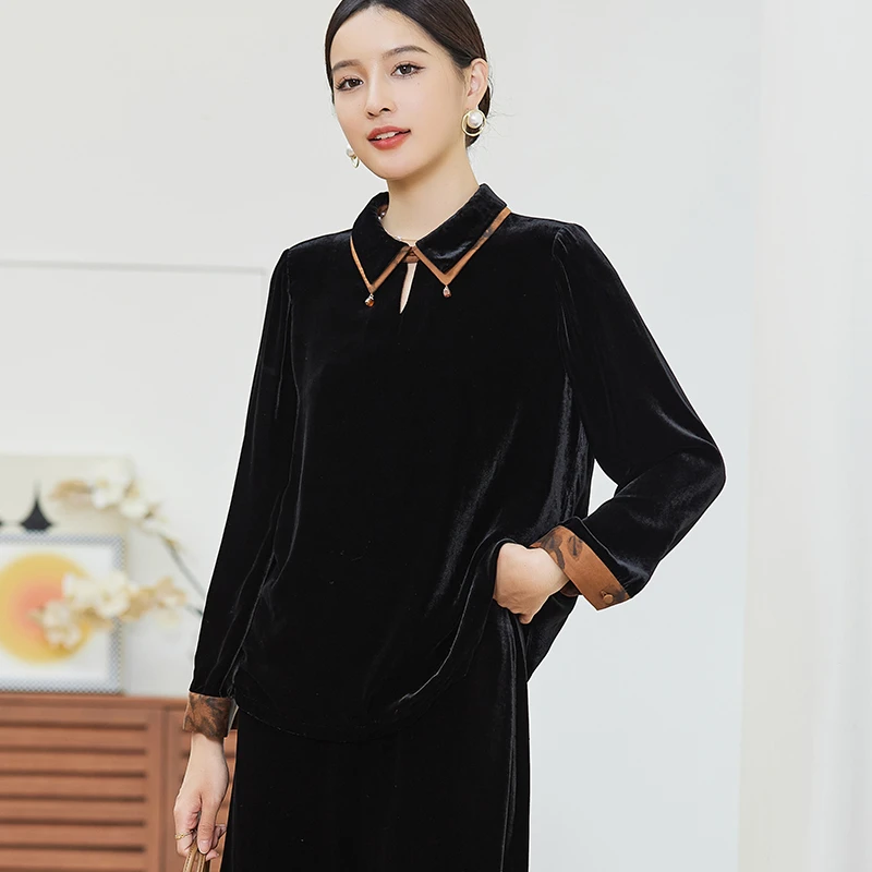 R9569大牌丝绒衬衫女新款优雅复古贵夫人桑蚕丝上衣