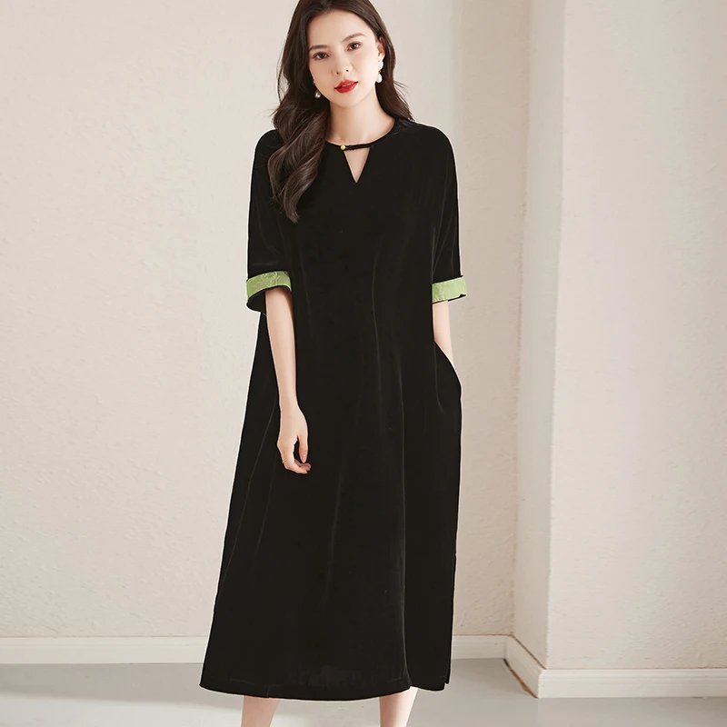 R8653恩纳斯真丝丝绒连衣裙2025气质大裙摆桑蚕丝中长款裙子