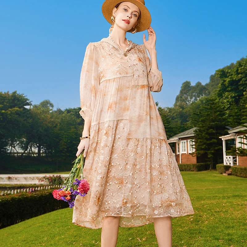 E6599恩纳斯大码连帽桑蚕丝连衣裙高级刺绣真丝时尚裙子女