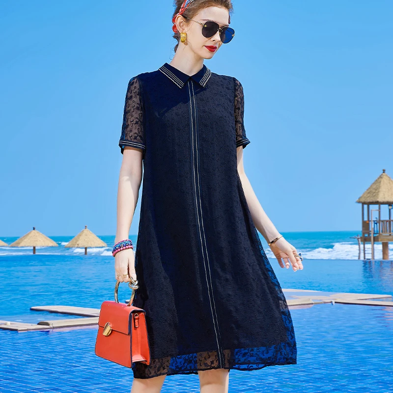 E8035桑蚕丝连衣裙2025服装新款高端正品短袖真丝a字裙