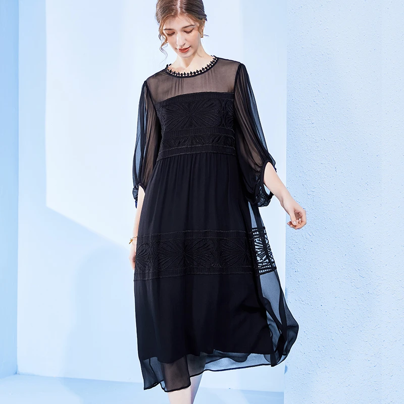 990875黑色真丝桑蚕丝连衣裙新款温柔风法式过膝裙子