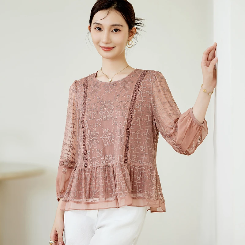 【田老板专属】E6577恩纳斯大牌绣花宽松桑蚕丝优雅风真丝t恤