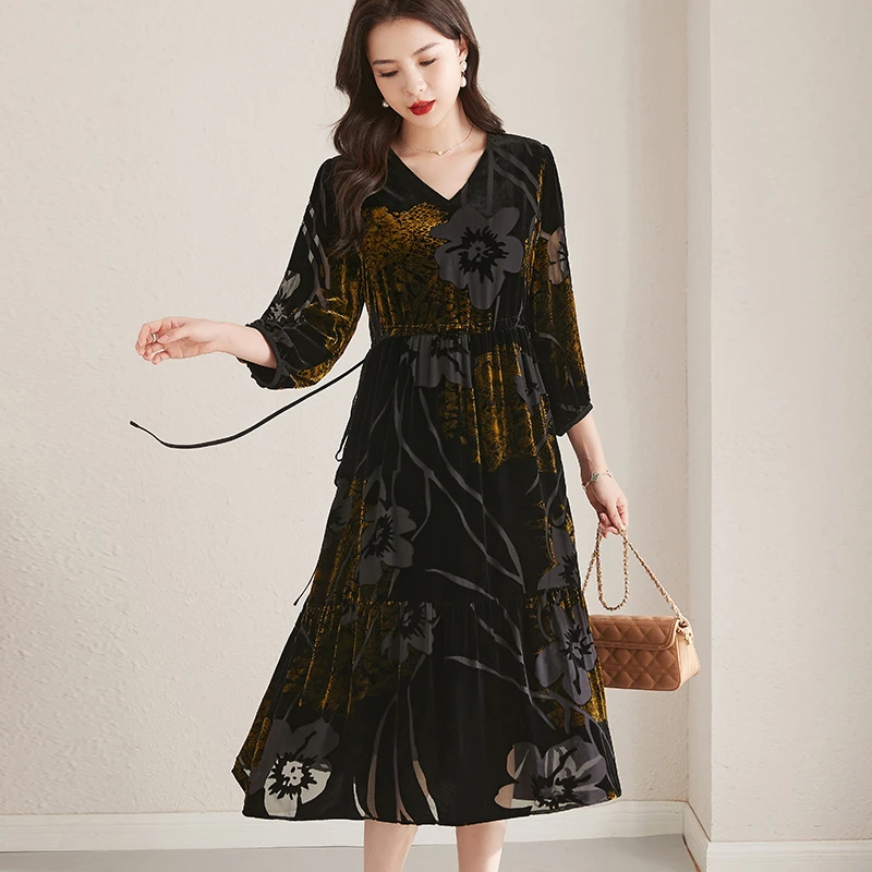 R5805恩纳斯气质丝绒连衣裙2025款真丝桑蚕丝中长款裙子女