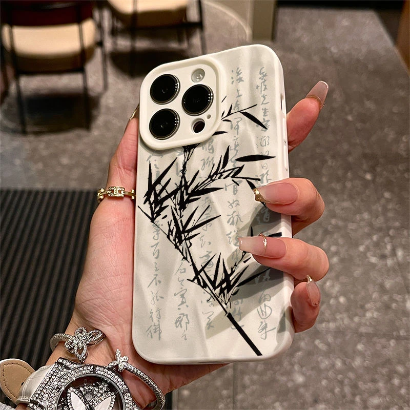 书法竹子苹果15promax手机壳iphone14/13卡通12折皱壳11/xr/8p/7
