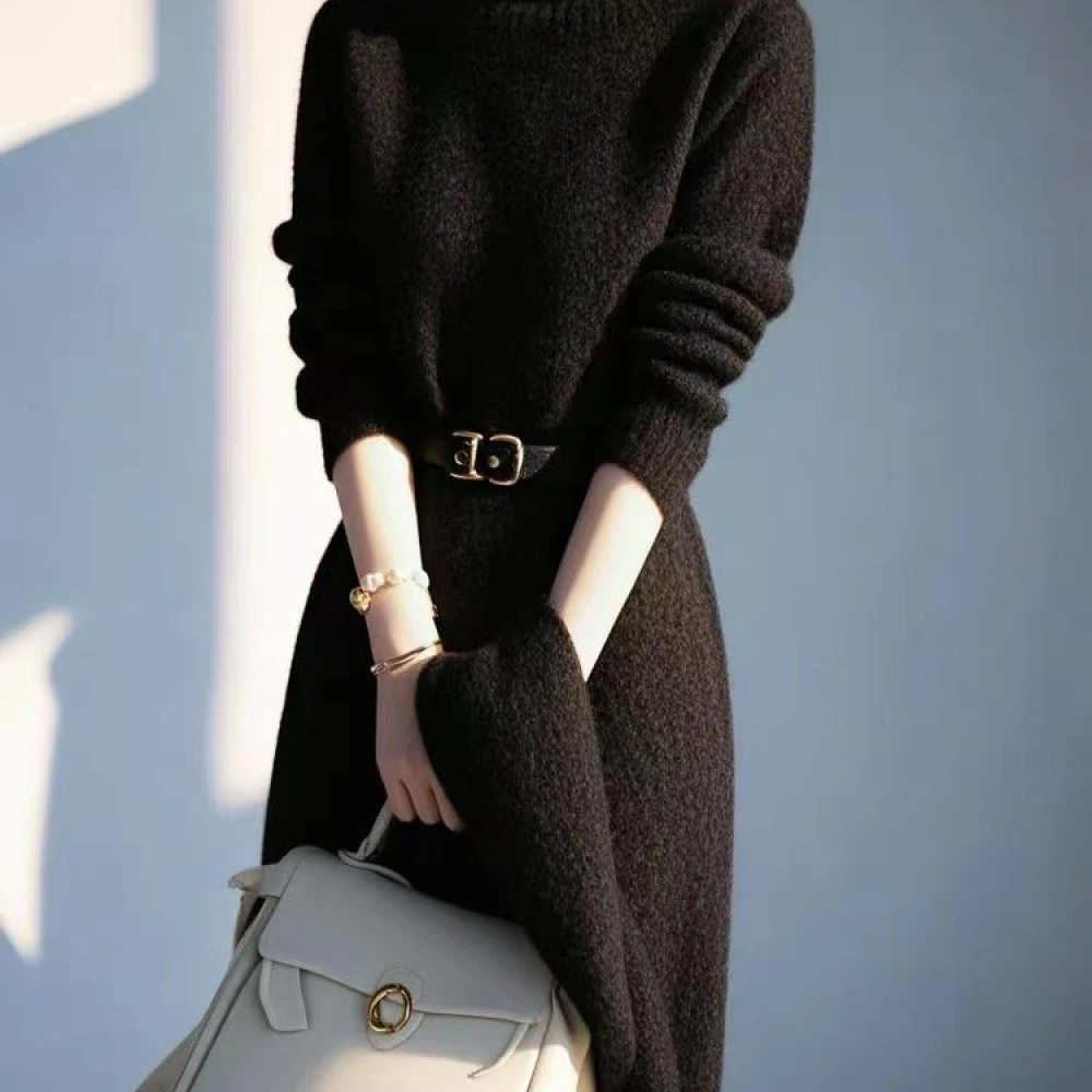 冷淡系独特别致裙子冬季法式气质漂亮高级感黑色针织连衣裙