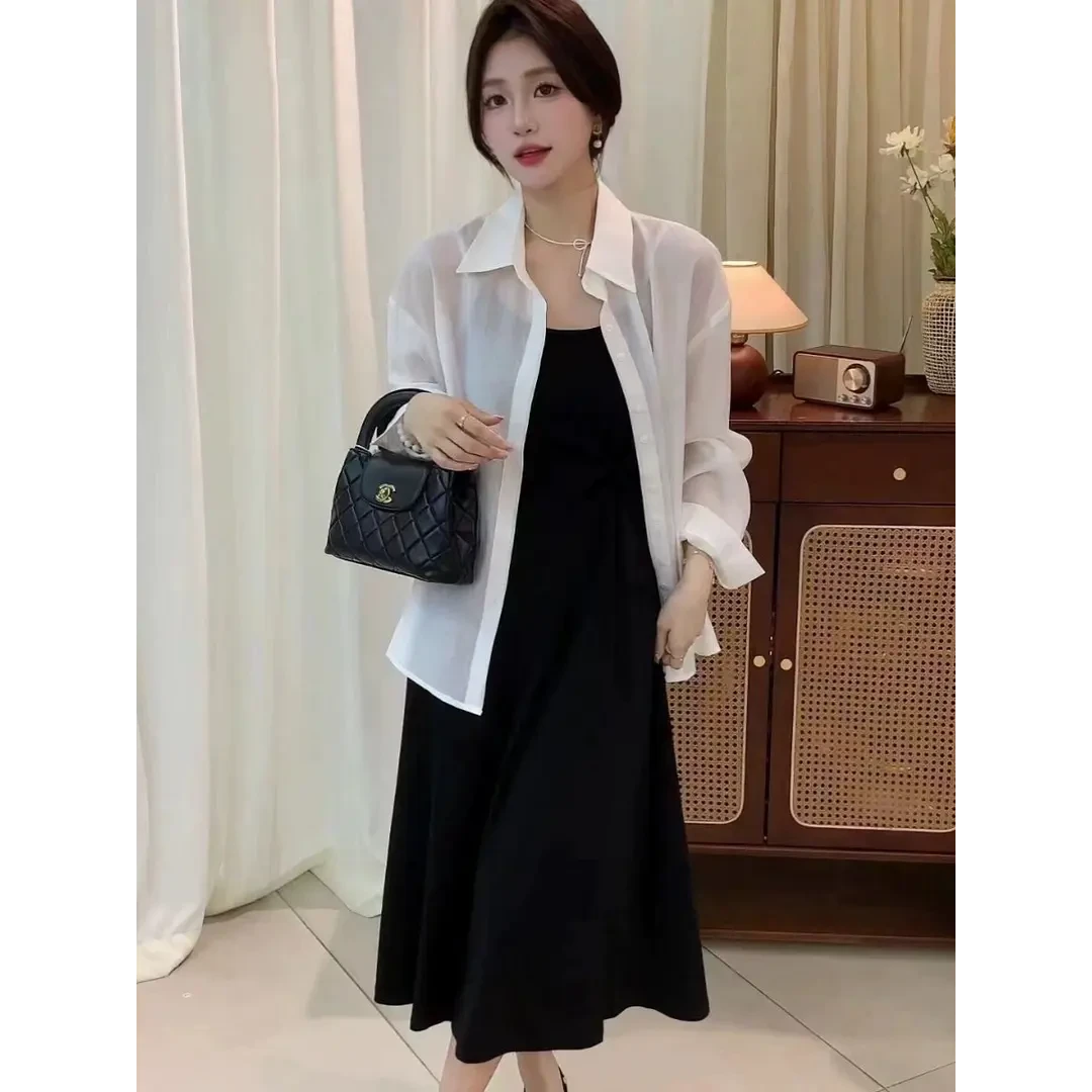 夏装搭配一整套女大码休闲防晒衬衫吊带连衣裙子法式时尚两件套装