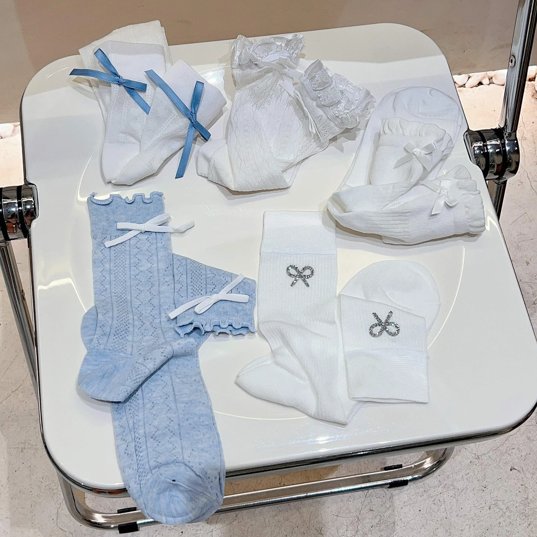 【碎冰蓝】白蓝色丁达尔降温超薄透气棉袜堆堆袜烫钻布艺蝴蝶结韩系