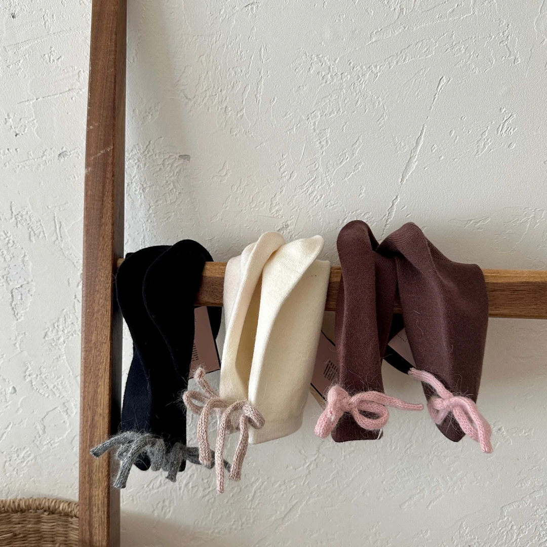 蝴蝶结加绒袜子女针织纯色加厚中筒袜保暖韩国网红冬季饰品长袜