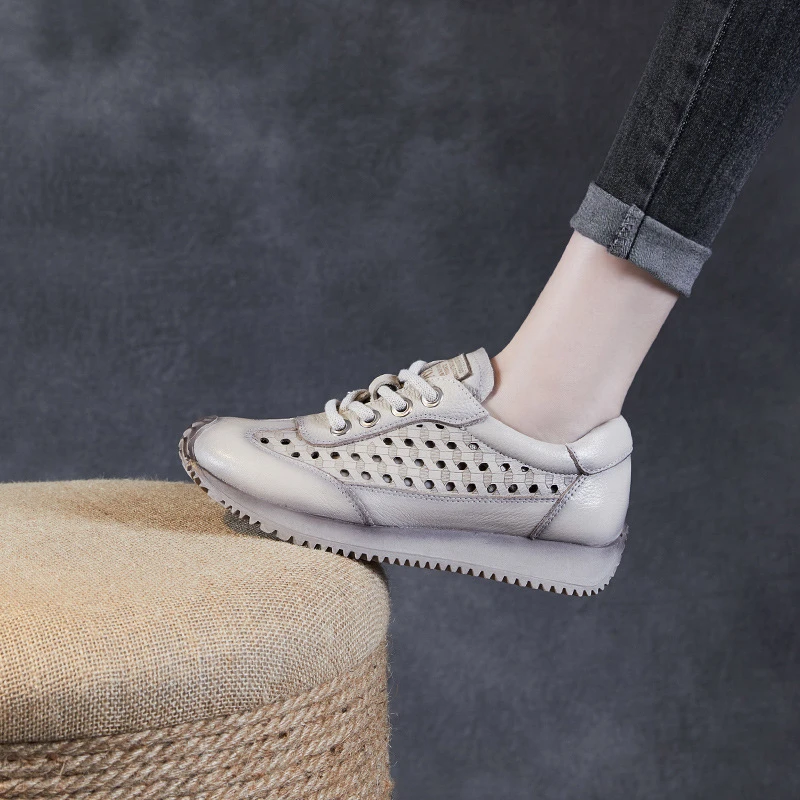 2024春夏新款帅气英伦真皮手工系带打孔平跟单鞋镂空女鞋阿甘鞋