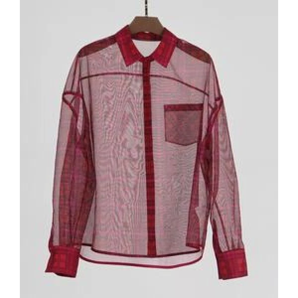 姚领yaoly格子网纱长袖衬衫红色上衣衬衣832025662