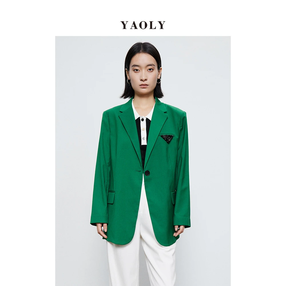 姚领yaoly女装春秋绿色高级感宽版西装外套84F3351