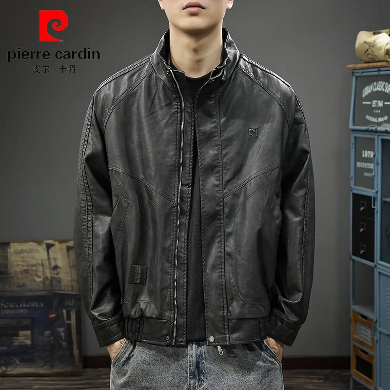 皮尔卡丹机车立领PU皮夹克男春秋新款宽松美式街头飞行员皮衣外套