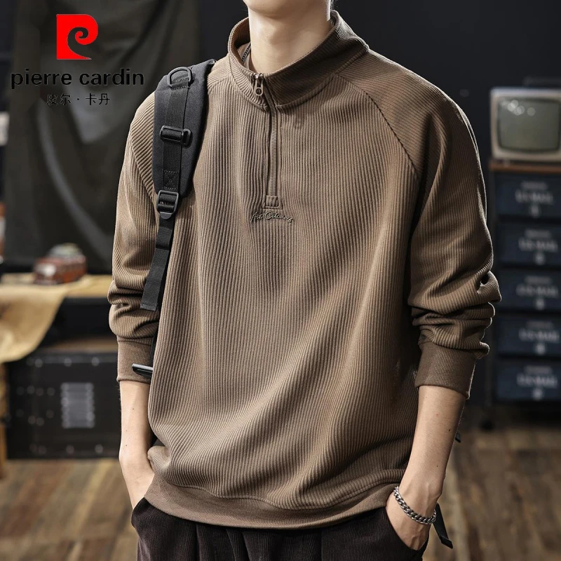 皮尔卡丹磨毛重磅美式半拉链立领卫衣男士秋冬款大码加厚polo衫潮