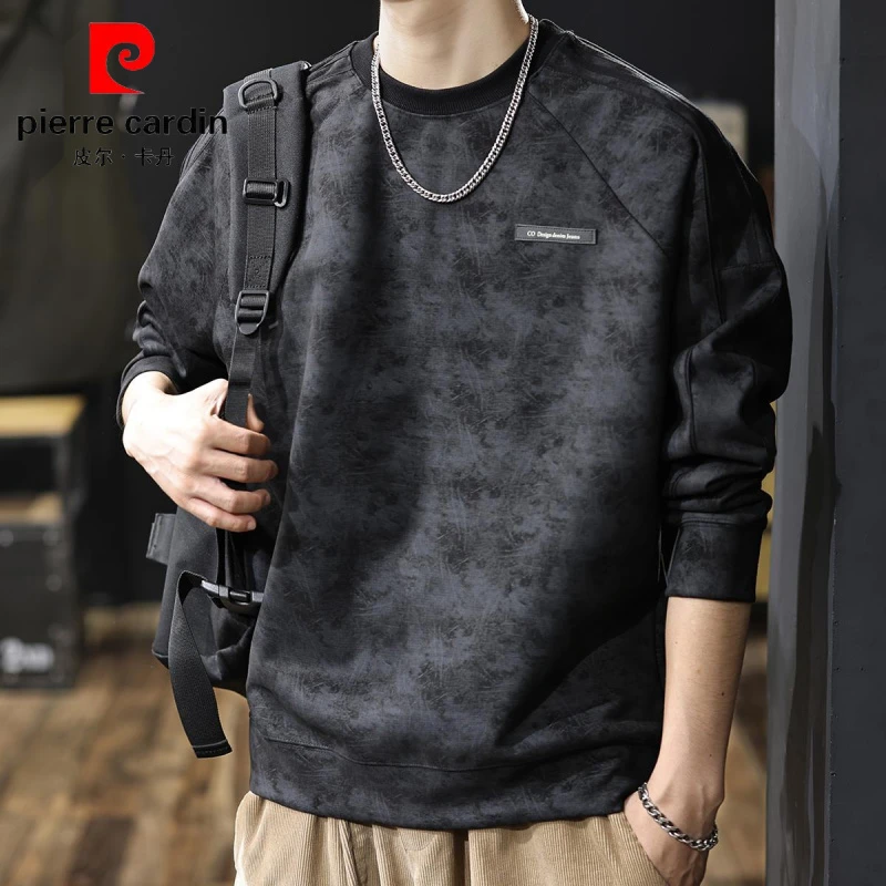 皮尔卡丹提花圆领卫衣男士春秋款宽松大码美式复古加大长袖外套潮