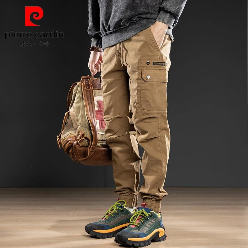 皮尔卡丹大口袋工装裤水洗做旧卡其束脚裤户外松紧抽绳裤美式长裤