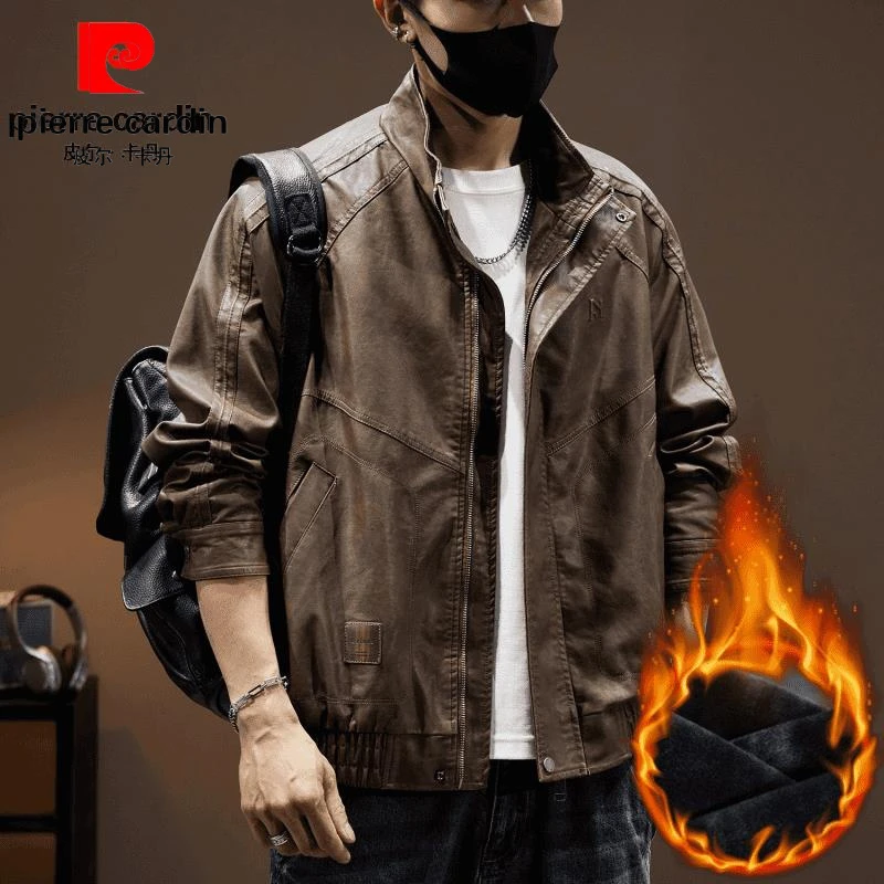 皮尔卡丹皮衣男机车风PU皮夹克飞行员牛仔外套工装裤男加绒春秋季