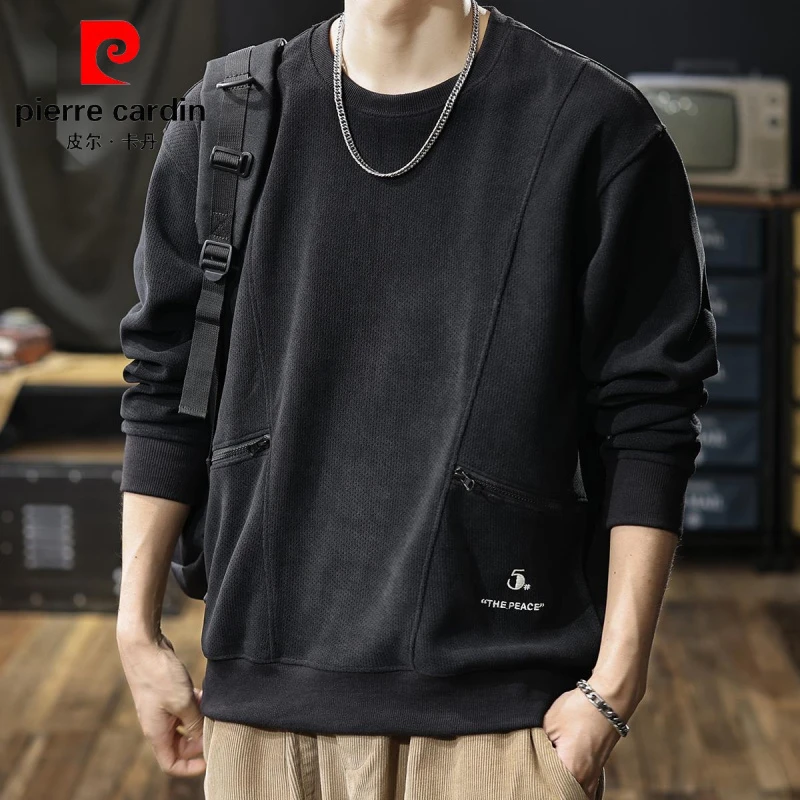 皮尔卡丹毛绒潮流拼接圆领卫衣男士秋冬款大码美式复古长袖上衣男