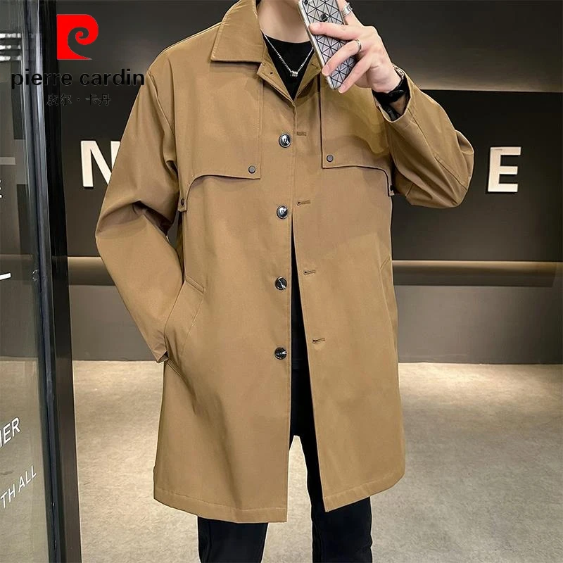 皮尔卡丹风衣秋季新款潮流翻领中长款时尚休闲帅气工装衣服外套男