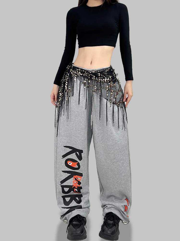 崽崽酱街舞潮牌印花爵士jazz运动长裤hiphop跳舞套装女