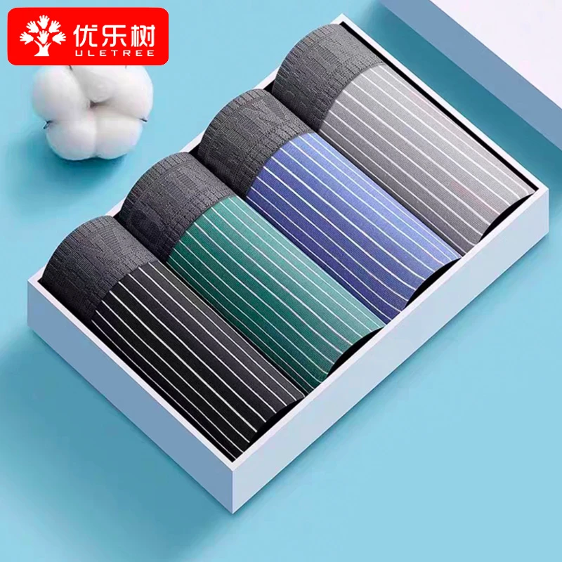 优乐树男士棉质内裤运动透气平角四角新款青少年舒适条纹短裤头衩