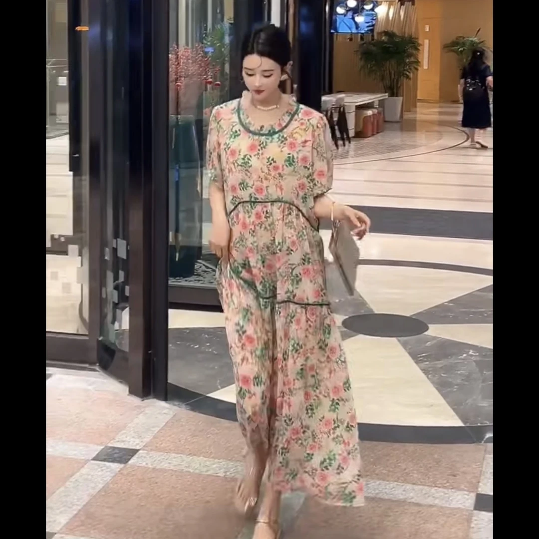 清苍价~深圳8100高定乔其纱连衣裙～长裙显瘦洋气花裙防晒沙滩裙