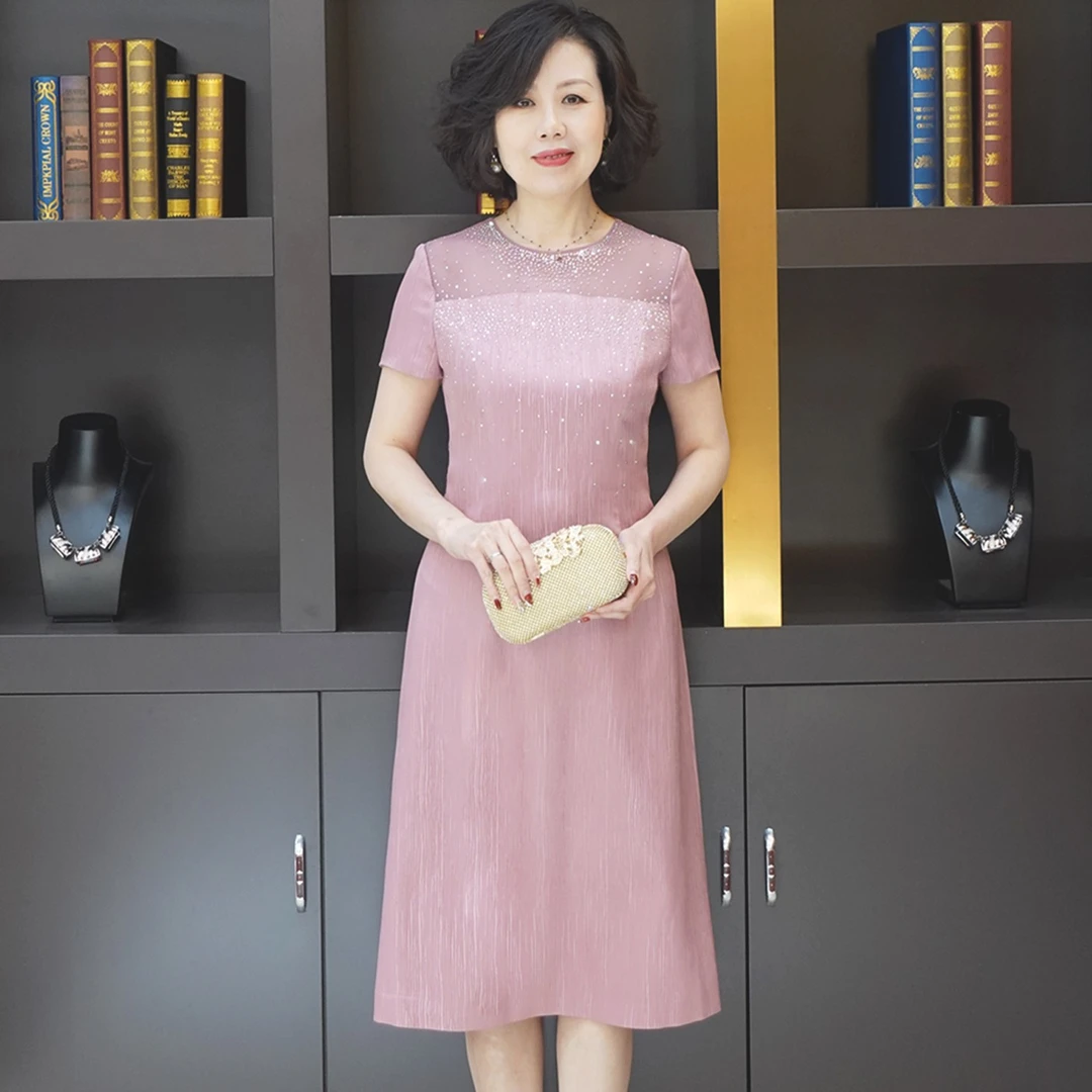 YINGDAK/应大春夏新款粉色网纱拼接圆领连衣裙优雅婚礼场合装