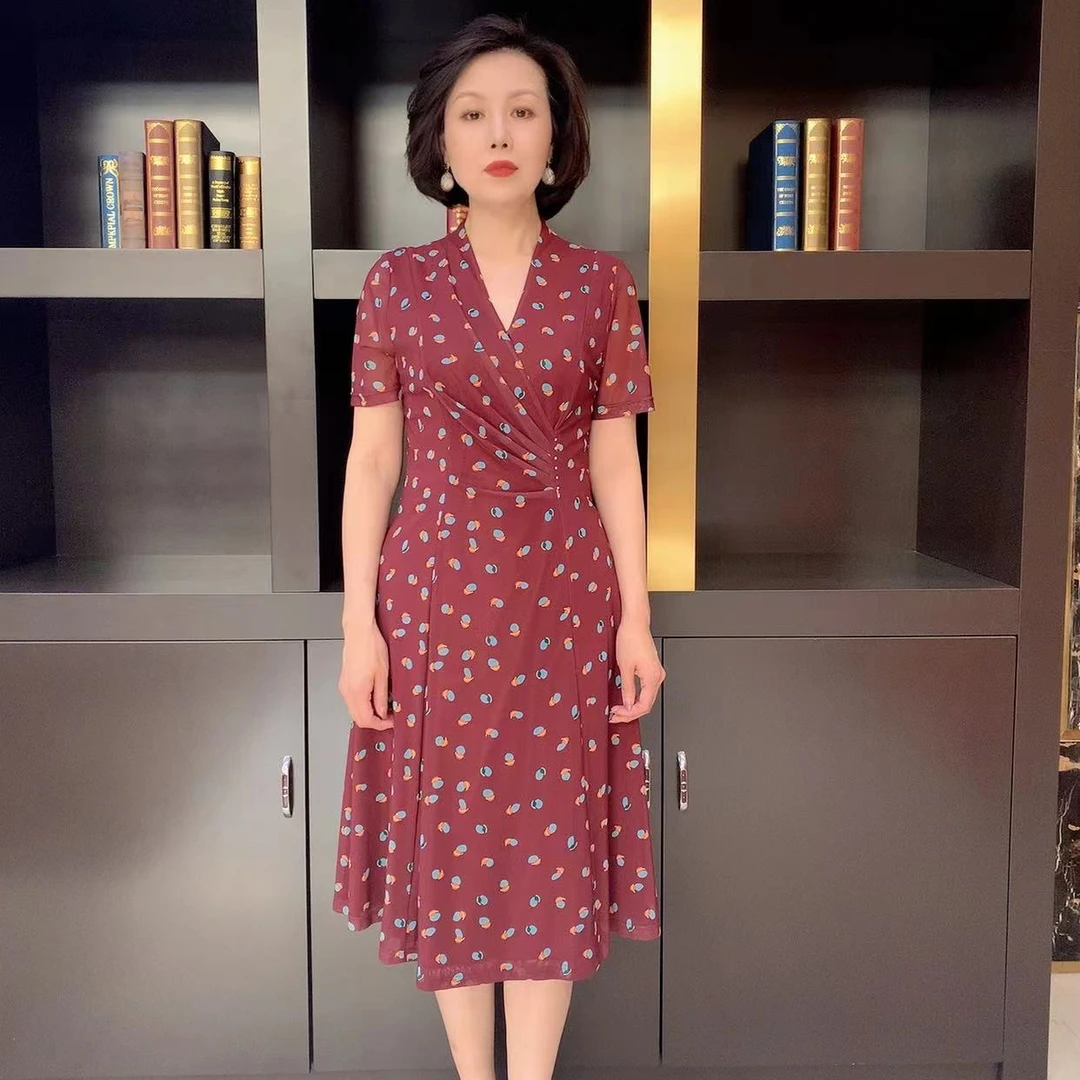 YINGDAK/应大A摆酒红色碎花夏季清凉中长款优雅连衣裙装喜妈妈装