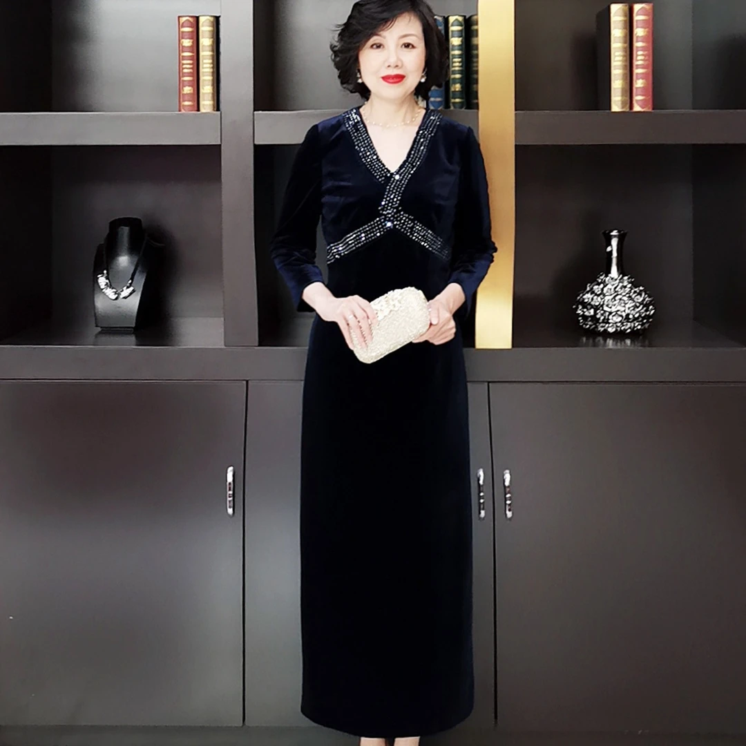 应大定制藏蓝色手工钉钻丝绒复古礼服裙长款时尚侧开叉宴会场合装