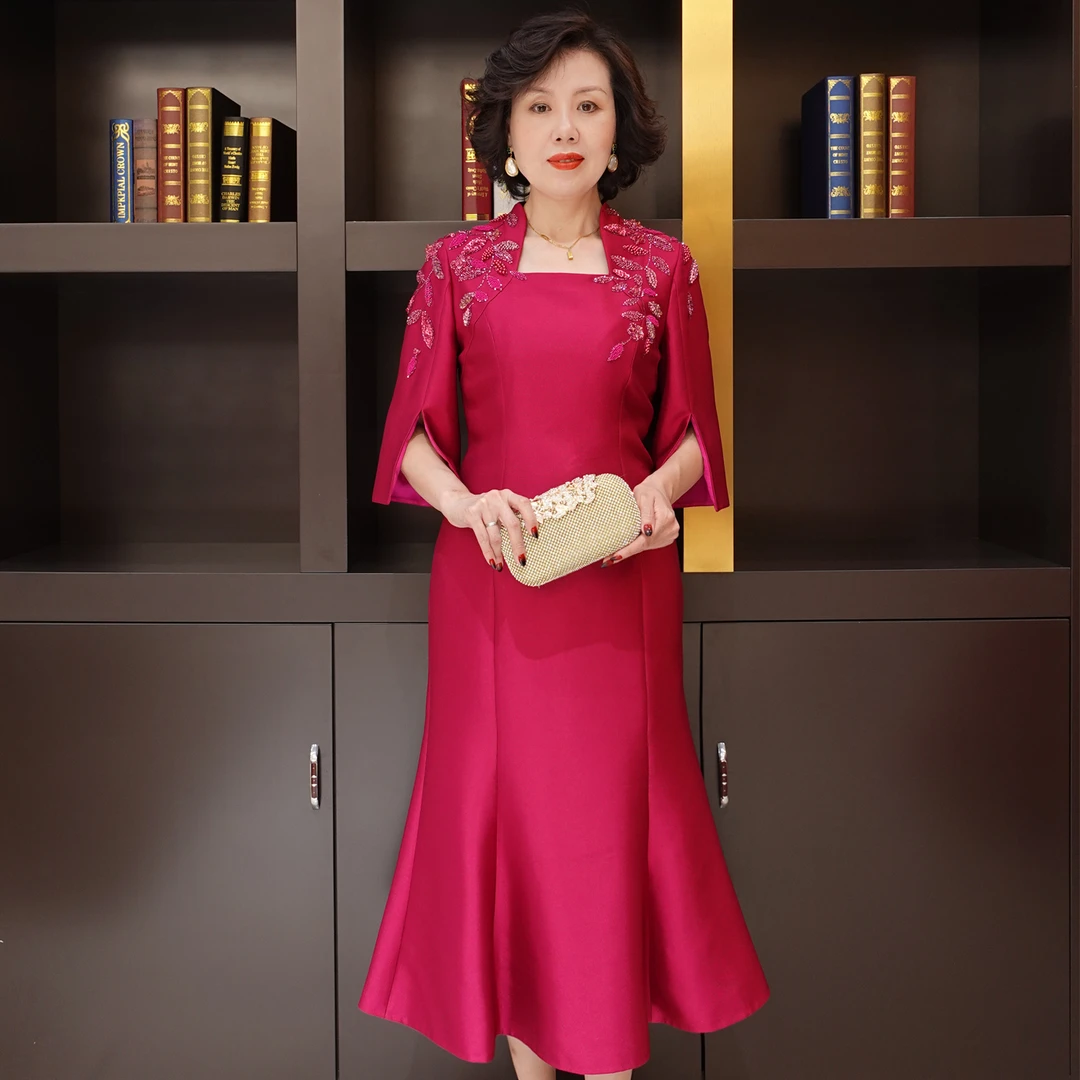 YINGDAK/应大應大玫红色鱼尾群婚宴优雅场合装礼服喜婆婆连衣裙