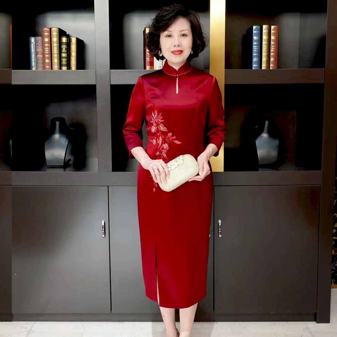 YINGDAK/应大酒红色七分袖立领中长改良旗袍婚宴场合装连衣裙