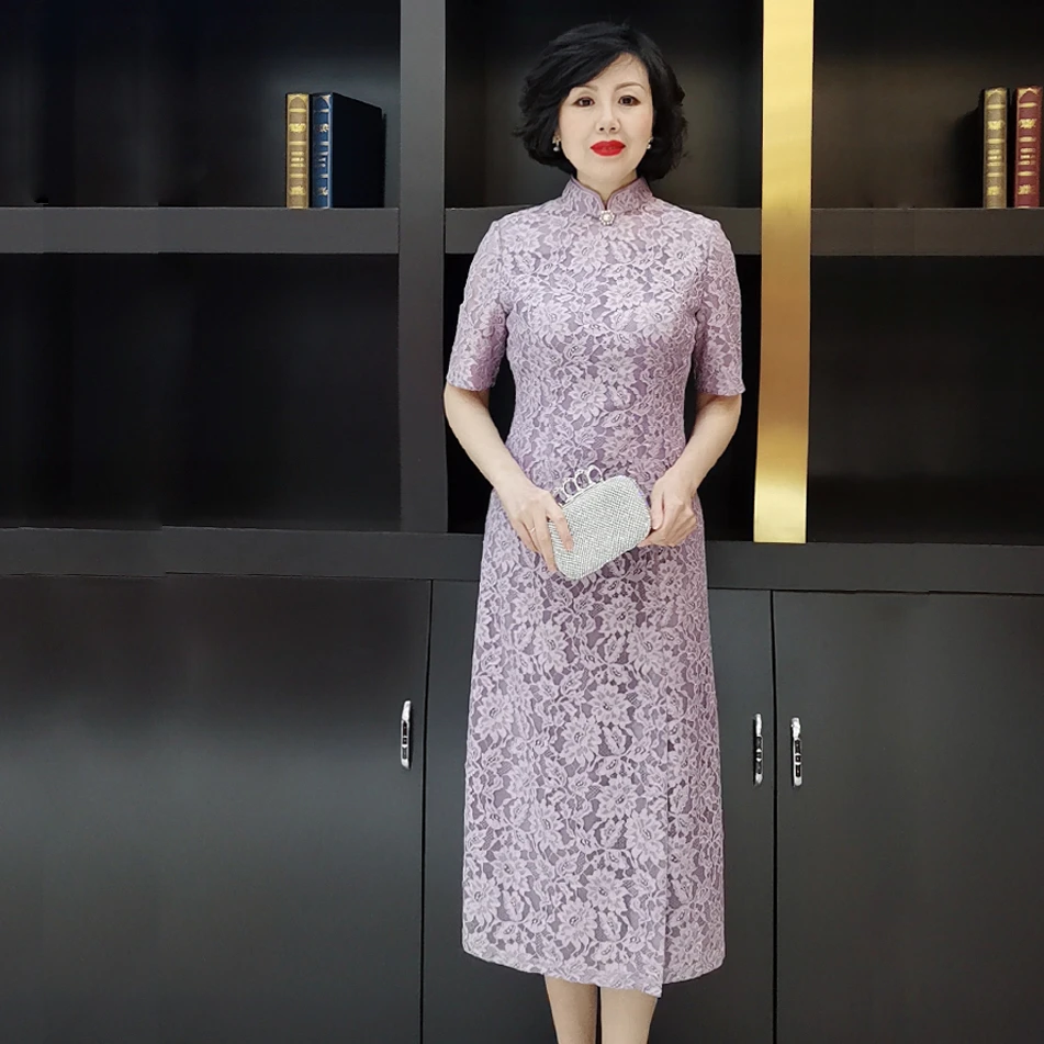 YINGDAK/应大灰紫色蕾丝修身连衣裙女显肤色宴会场合装喜妈妈装