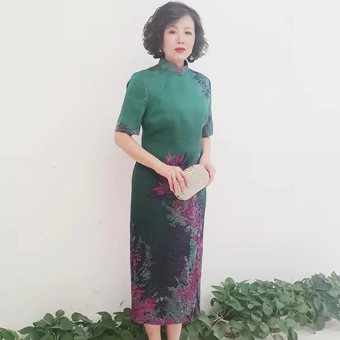 YINGDAK/应大如意绿色重磅提花钉珠长款旗袍婚礼气质喜婆婆妈妈装